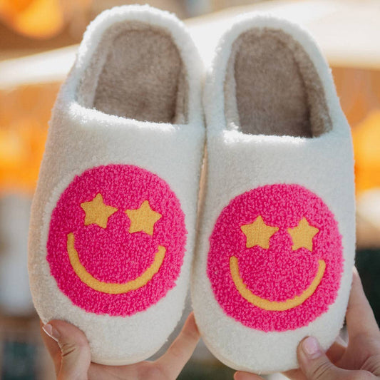Hot Pink Star Eyed Happy Face Slippers - Dream Upon A Design, LLC.