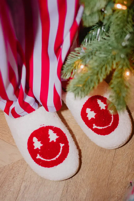 Red Christmas Tree Eyes Happy Face Slippers - Dream Upon A Design, LLC.