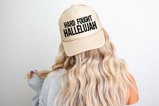 Hard Fought Hallelujah DTF Printed Tan Trucker Hat - Dream Upon A Design, LLC.