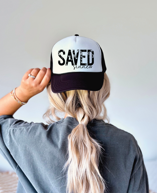 Saved Sinner DTF Printed Black and White Trucker Hat - Dream Upon A Design, LLC.