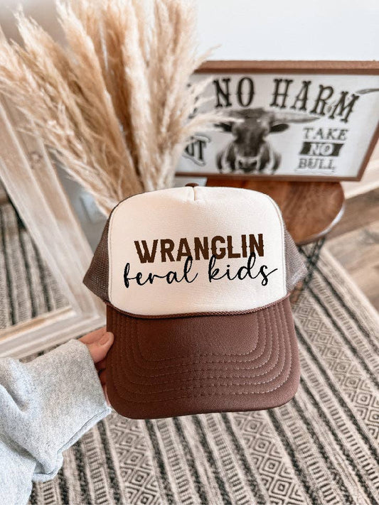 Wranglin Feral Kids Brown/Tan Trucker Hat/Brown & Black Ink - Dream Upon A Design, LLC.