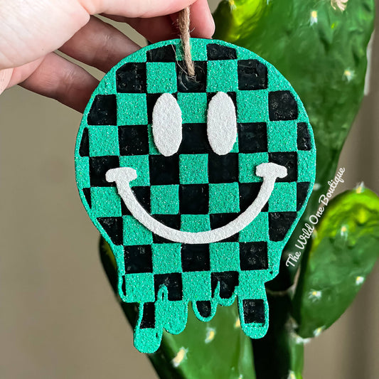 Turquoise Checkered Smiley Car Freshie - Dream Upon A Design, LLC.